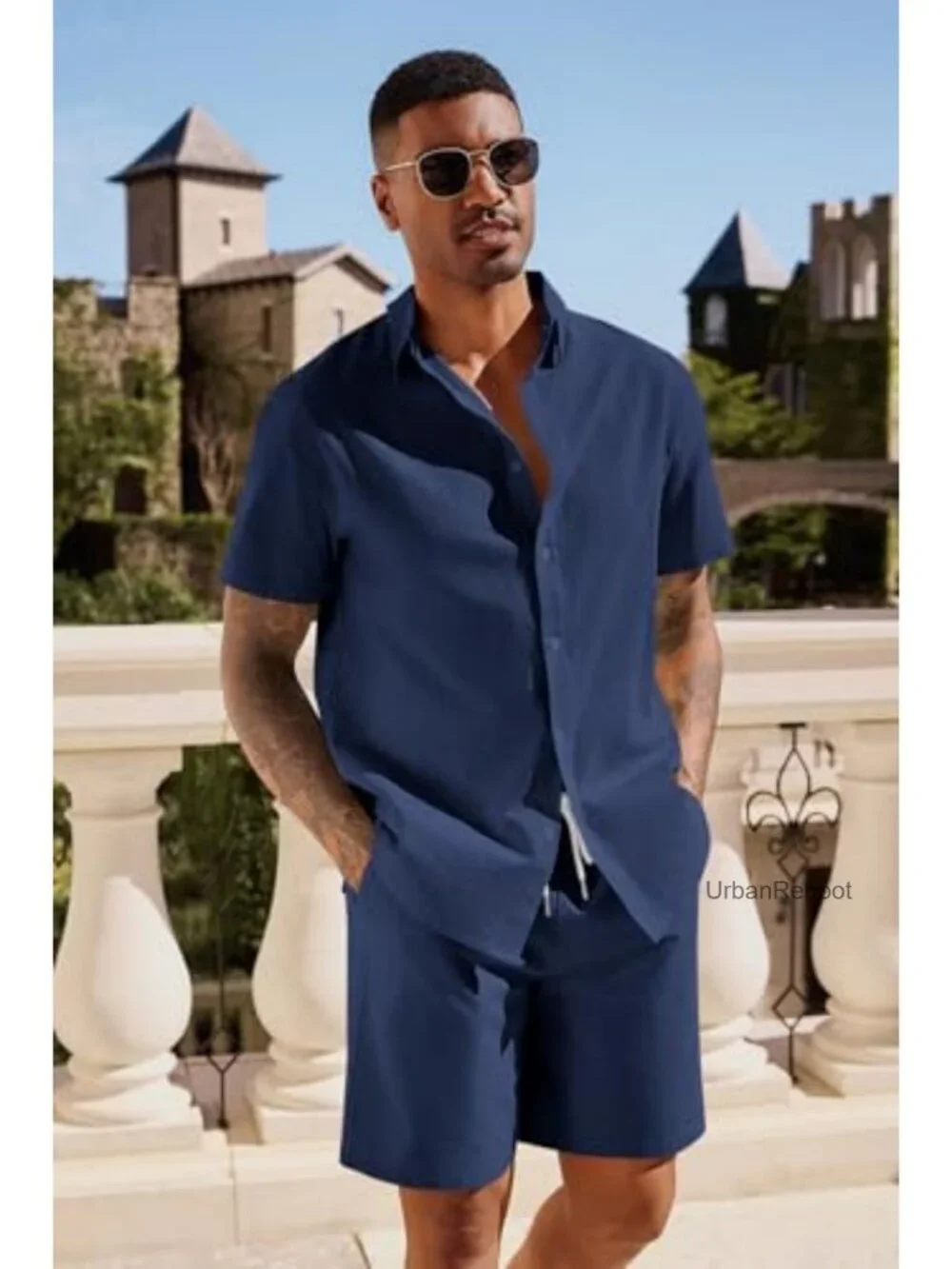 Mens 2 Piece Linen Vacation Set Short Sleeve Button Down Shirt with Shorts